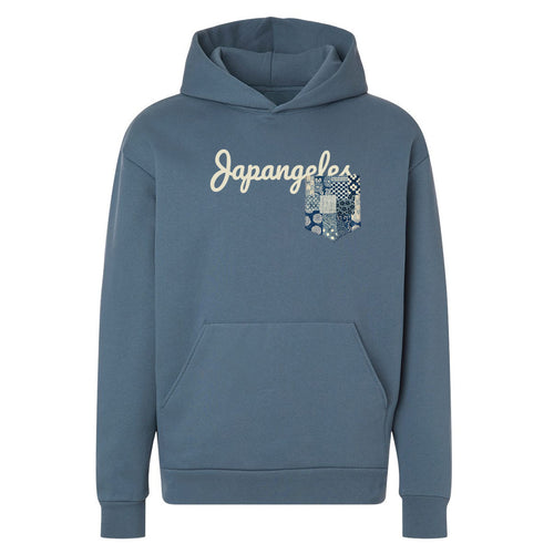 Pocket Script Drop Shoulder Hoodie in Denim