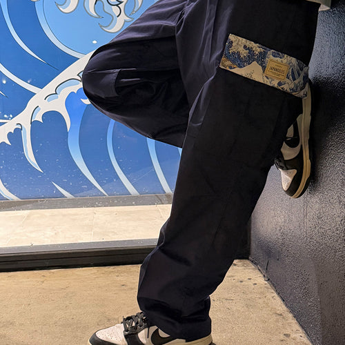 *Limited Edition* Great Wave Fabric Cargo Pants in Navy